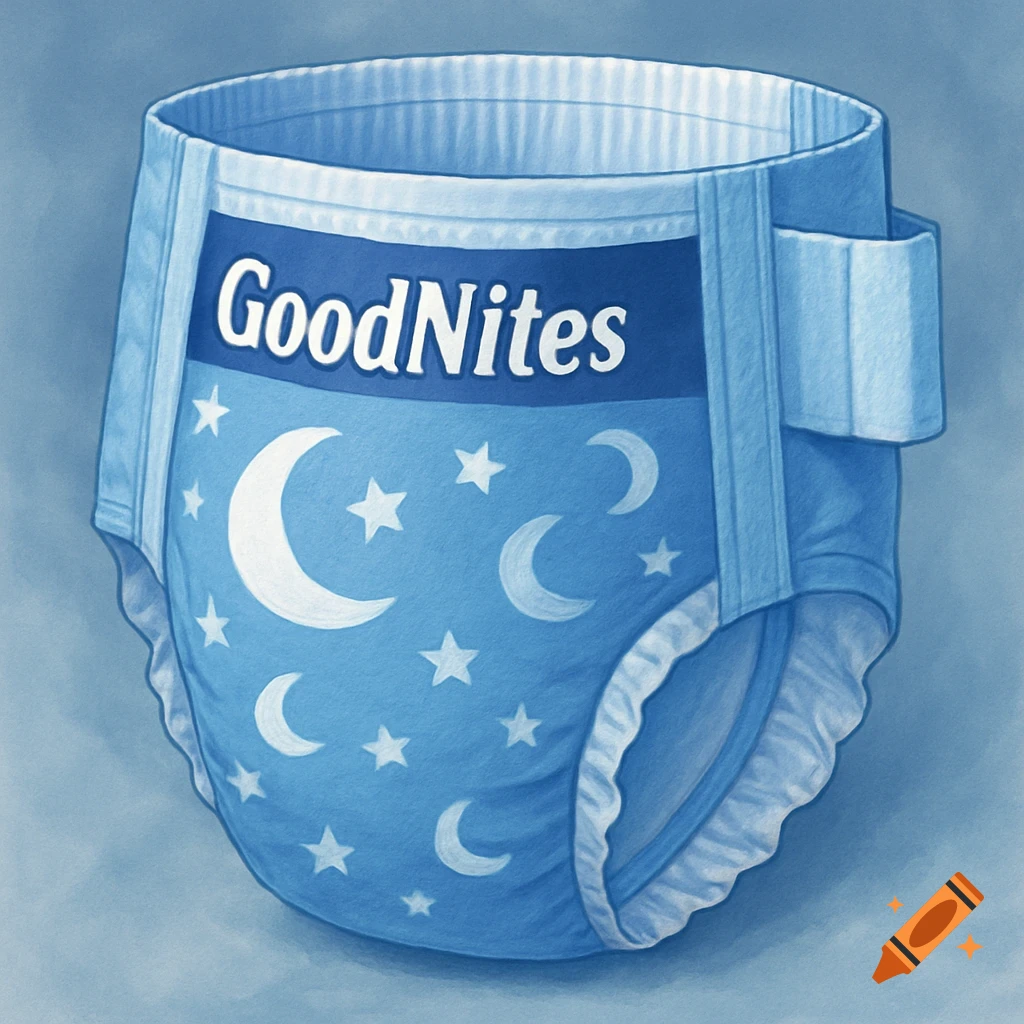 An illustration of a blue GoodNites diaper featuring white moons and stars on a light blue background.