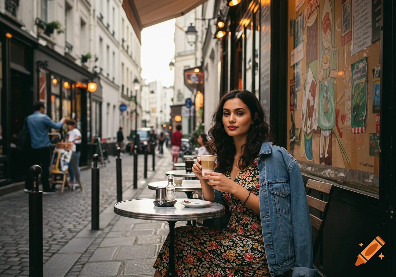 A woman with dark wavy hair in a floral dress and denim jacket sips coffee at an outdoor cafe table on a bustling city street.