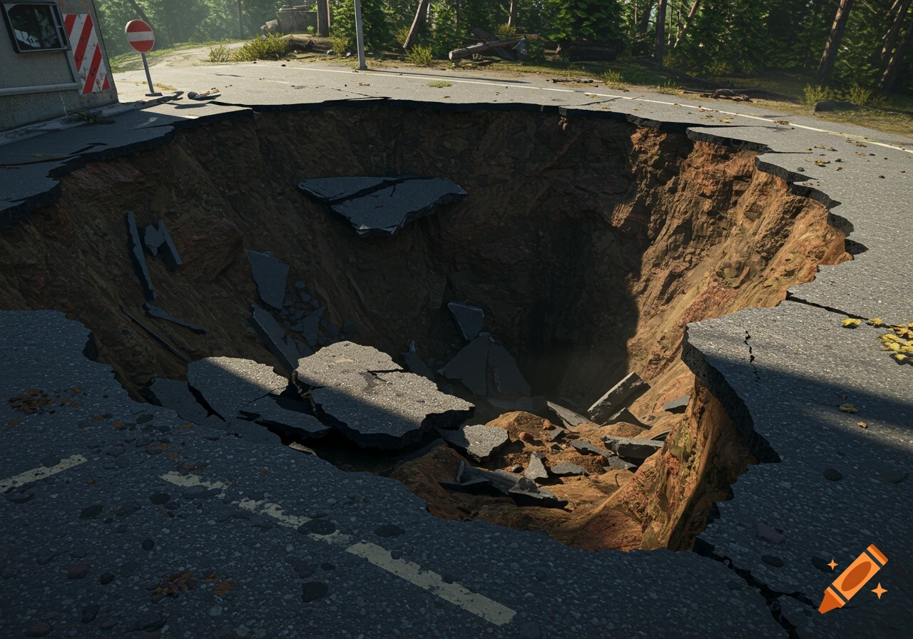 A massive, realistic sinkhole rips open an asphalt road, revealing deep earth and broken pavement.
