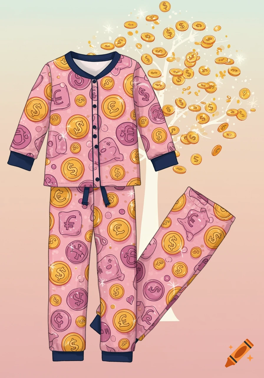 Illustration of pink kids pajamas patterned with gold dollar and purple euro currency symbols, with a money tree in the background.