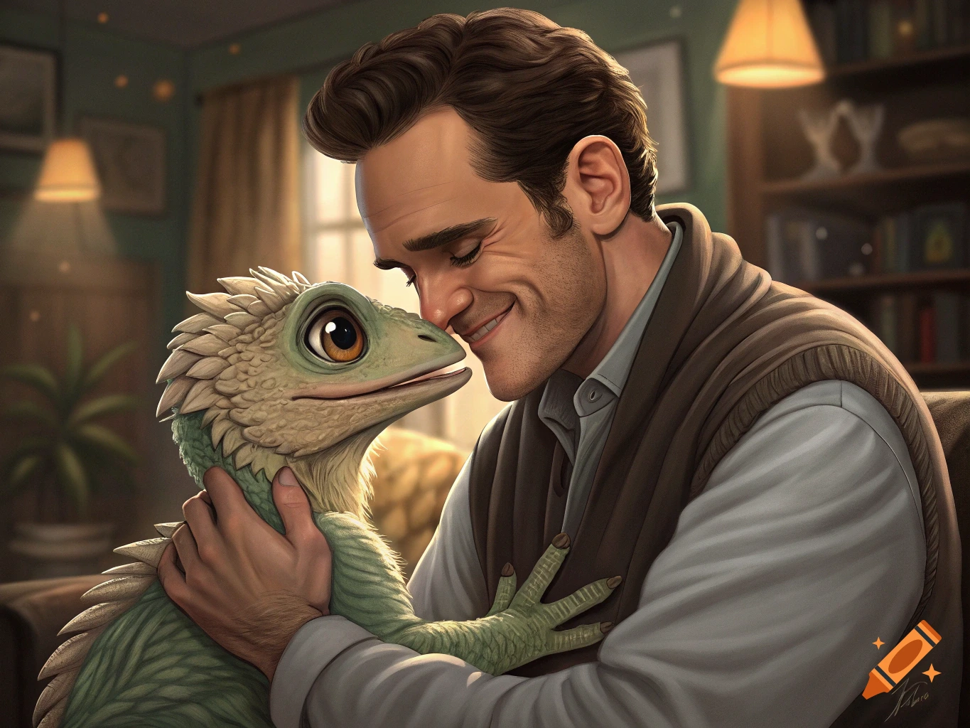 A man with closed eyes smiles, gently embracing a small, cute, green dinosaur with large eyes, nose-to-nose, in a warmly lit room.