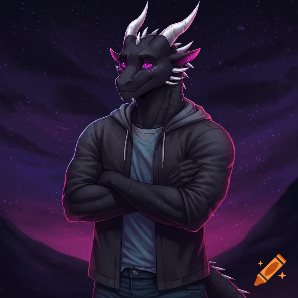 Anthropomorphic black dragon with magenta eyes, silver horns, grey hoodie, arms crossed, against a starry purple background.