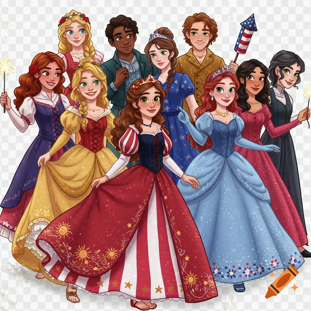 Group portrait of animated fairytale characters in red, white, and blue patriotic outfits celebrating Fourth of July.