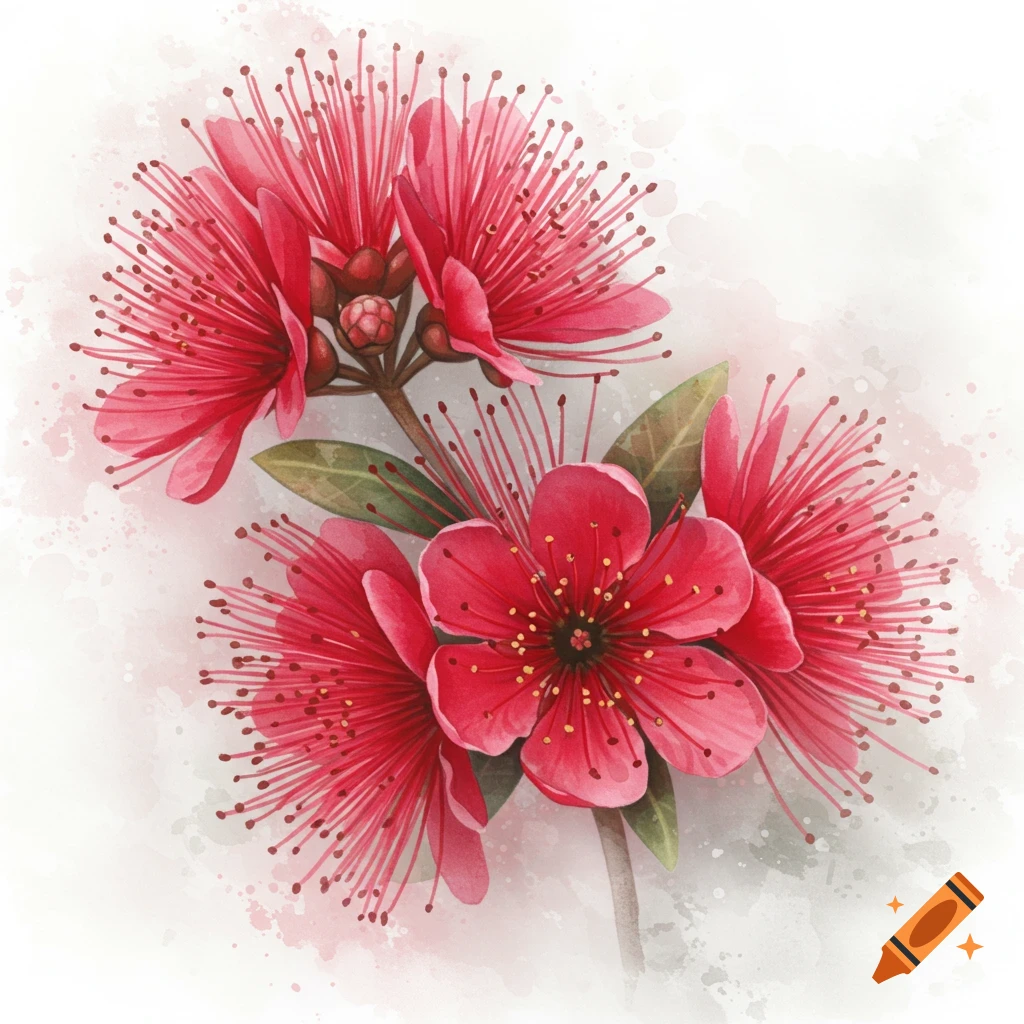 Watercolor painting of vibrant red Metrosideros polymorpha flowers against a soft white background.