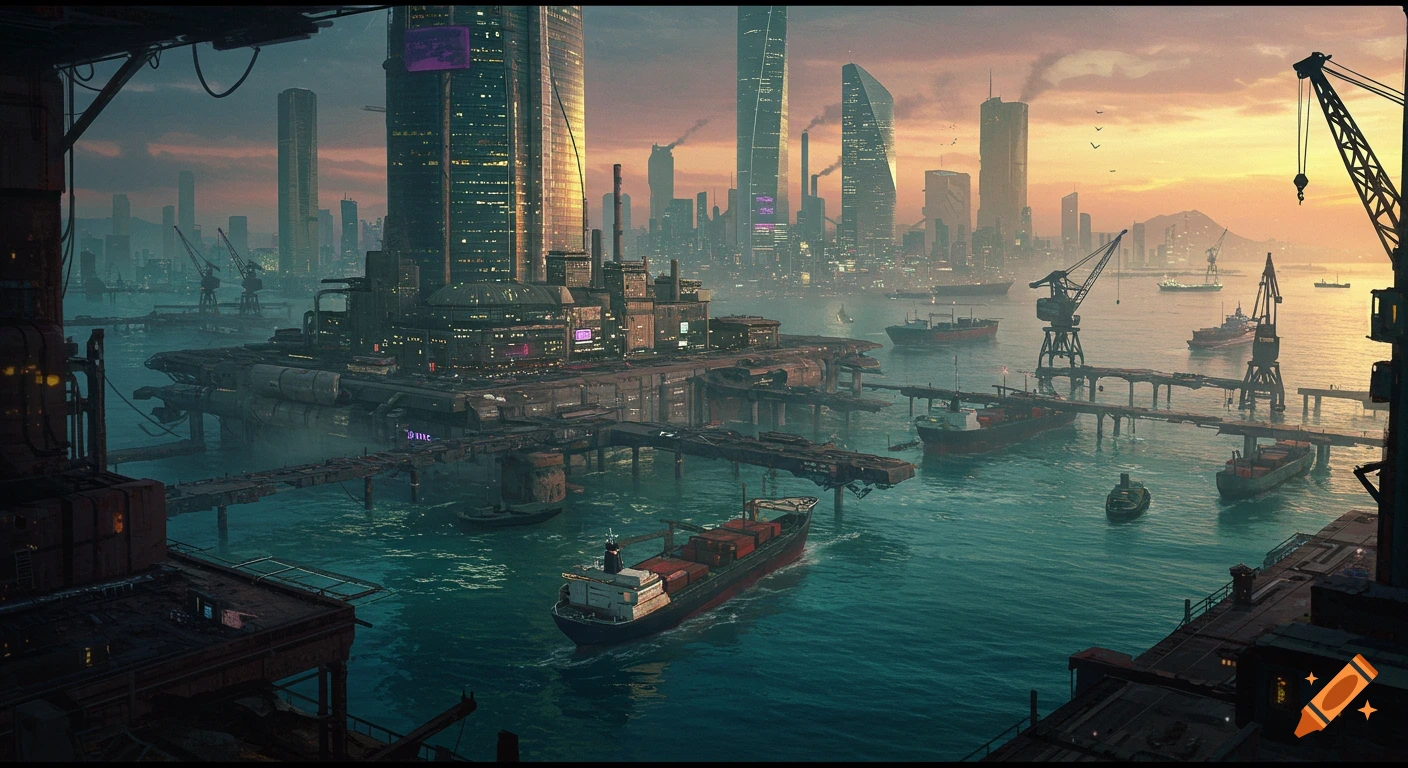 A vibrant, futuristic cityscape at sunset, featuring towering skyscrapers, industrial platforms on water, cargo ships, and large cranes.