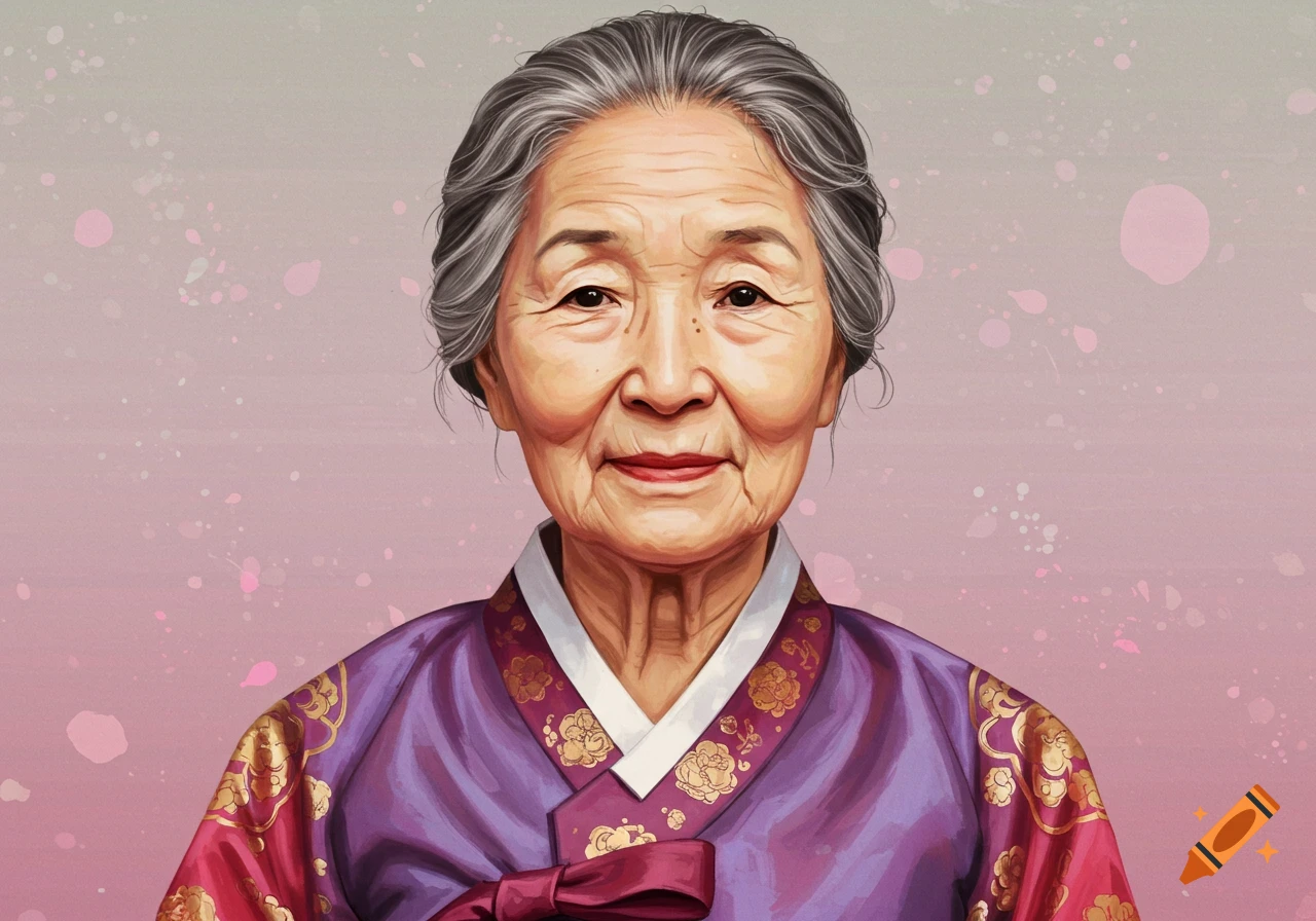 Digital portrait of an elderly Korean woman in traditional purple and red hanbok, smiling subtly against a pink background.