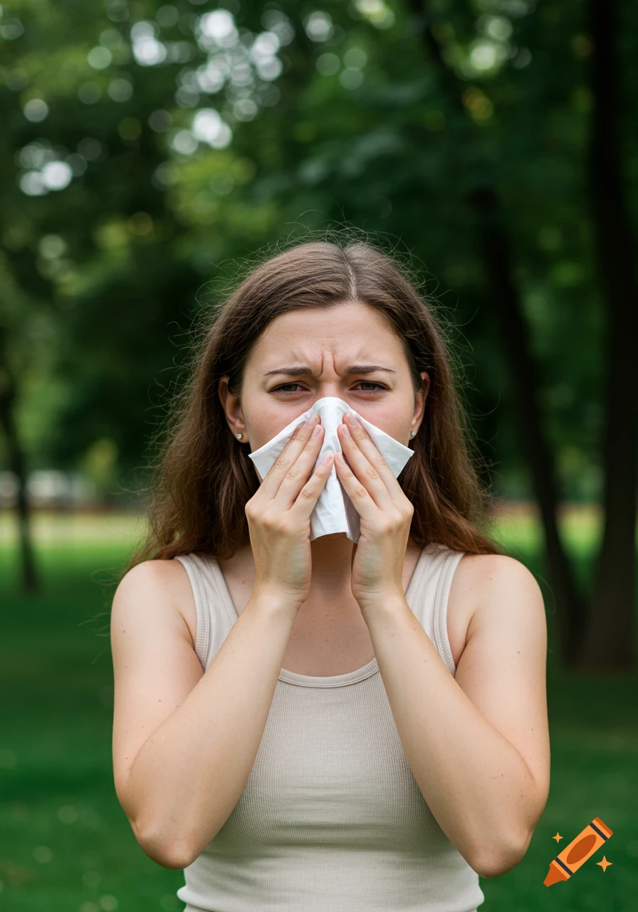 Young woman in a park holding a tissue to her nose with a pained expression, as if about to sneeze.
