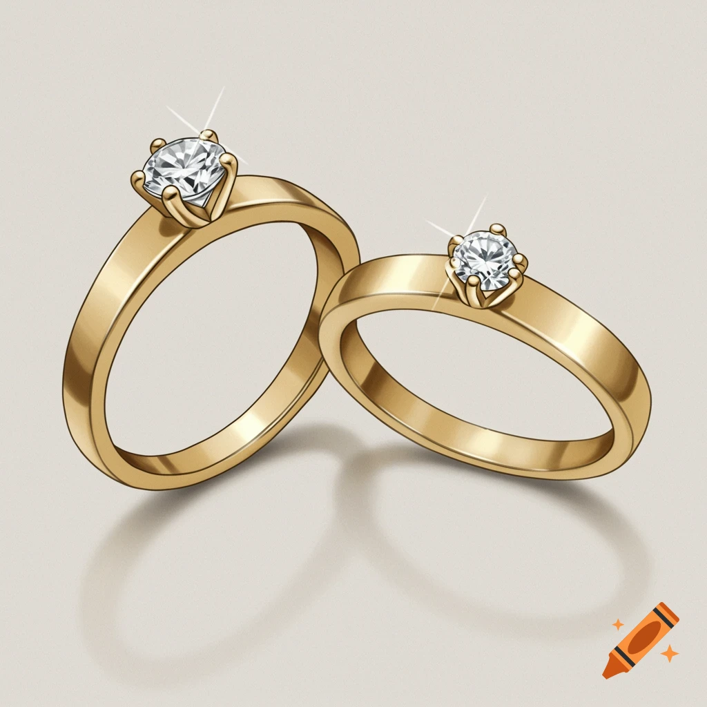 Two shiny gold rings, each with a single sparkling diamond, cast shadows on a light background.