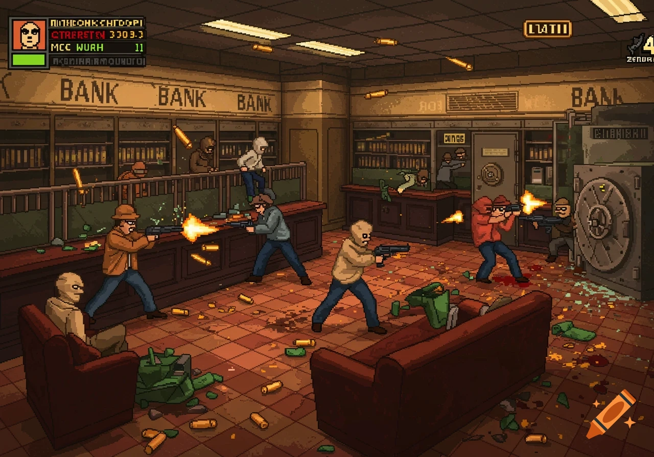 A retro pixel art scene depicting a chaotic bank robbery shootout, with masked figures wielding guns amidst bullet casings and debris.