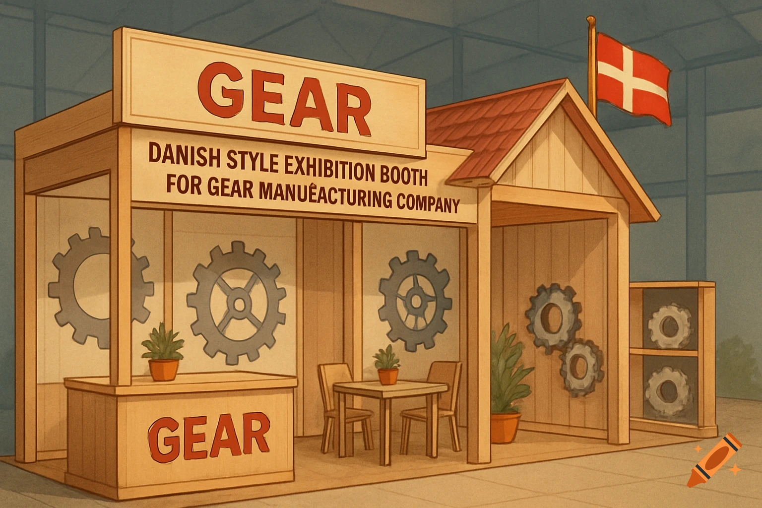 A cartoonish illustration of a Danish-style exhibition booth for a gear manufacturing company, with gears displayed and a Danish flag.