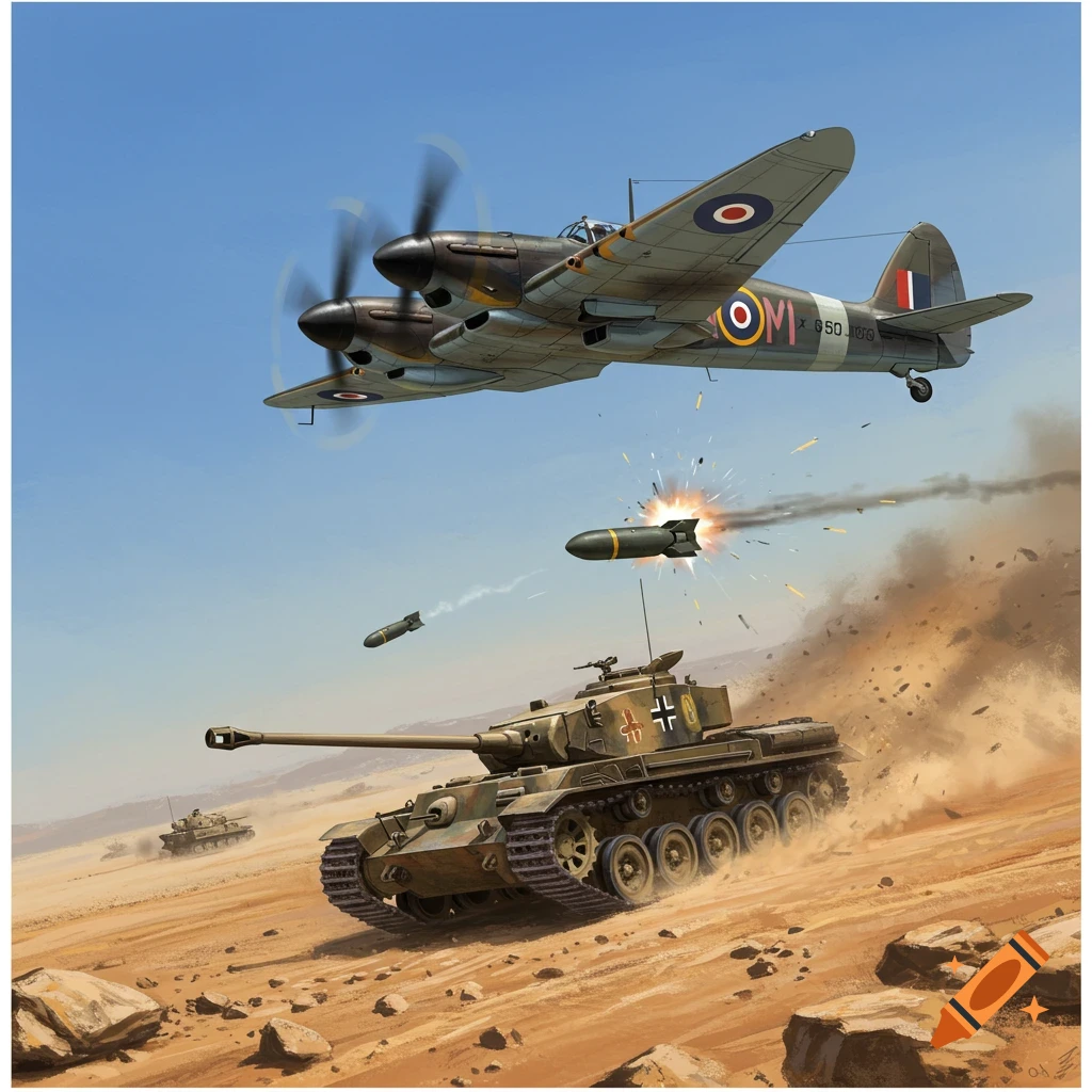 A British military aircraft drops bombs on a German tank in a desert landscape during World War II.