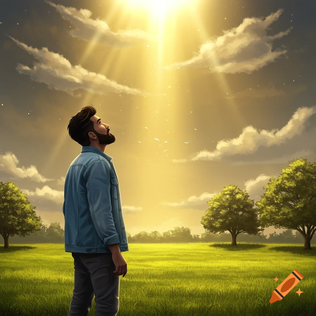 A bearded man looks up at bright sunrays shining through clouds over a green field with trees, in a stylized art style.