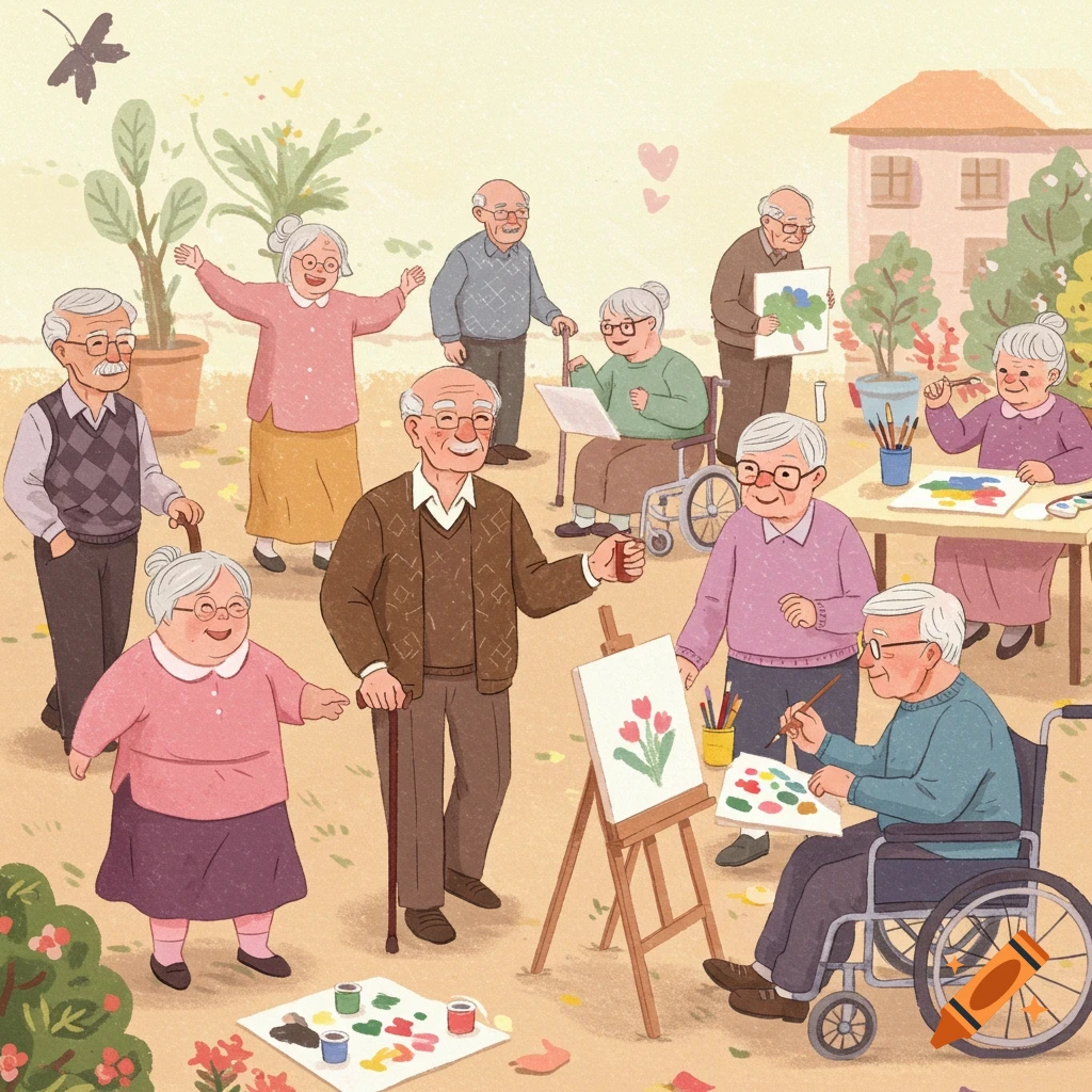An illustration of elderly people socializing and painting outdoors, with some using wheelchairs, depicting a cheerful and active scene.