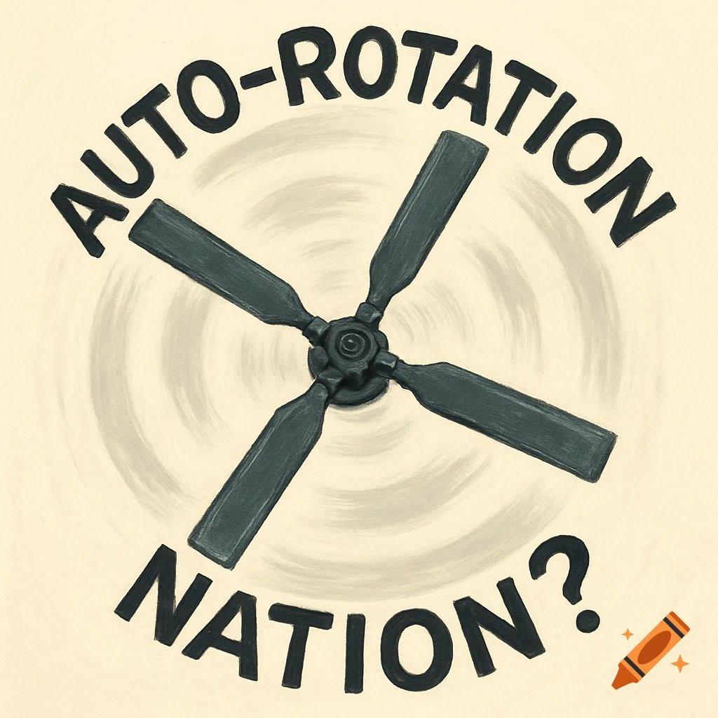 An illustration of a four-bladed helicopter rotor from a top-down view, with a swirling background effect and the arched text "AUTO-ROTATION NATION?" around it.