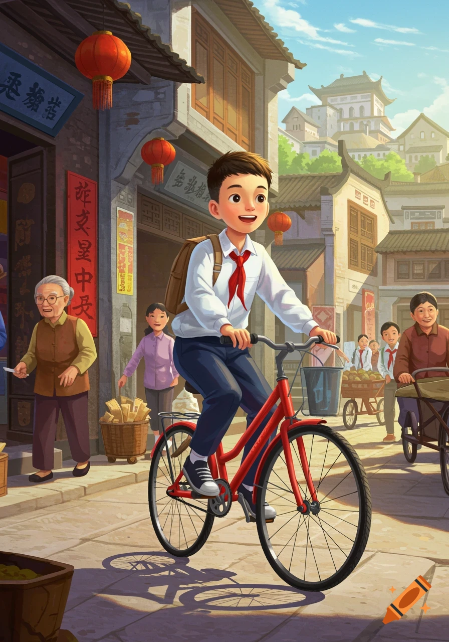 A smiling Chinese school boy on a red bicycle rides through a busy street with traditional buildings and people.
