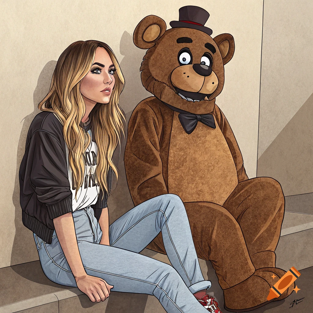 An illustrated image of a woman with long blonde hair and Freddy Fazbear sitting together on steps, in a cartoon style.