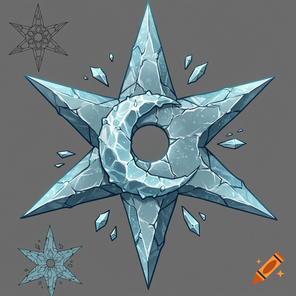 A jagged, icy shuriken with a crescent moon in its center, against a gray background.