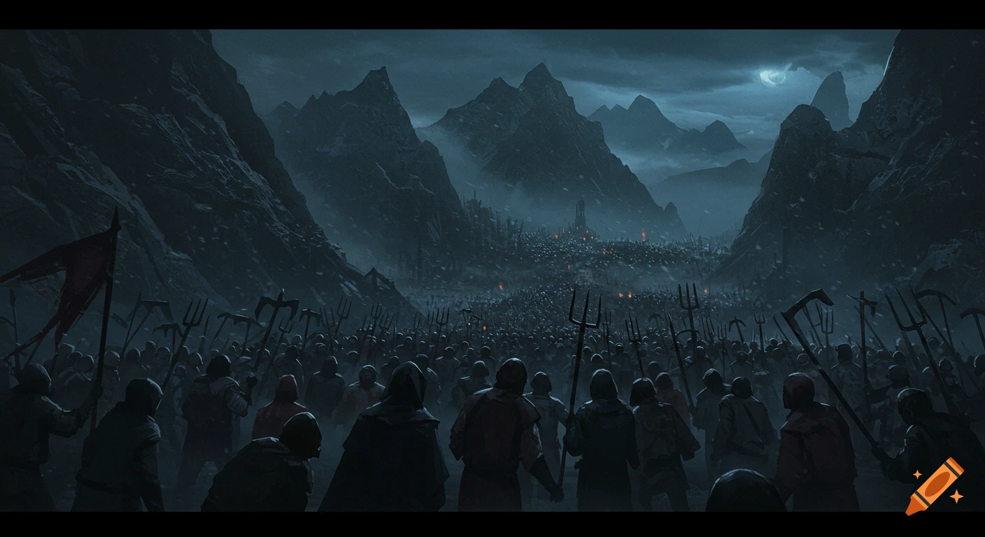 A dark fantasy scene of a mob of villagers with pitchforks marching towards a distant castle in a mountainous landscape under a full moon.