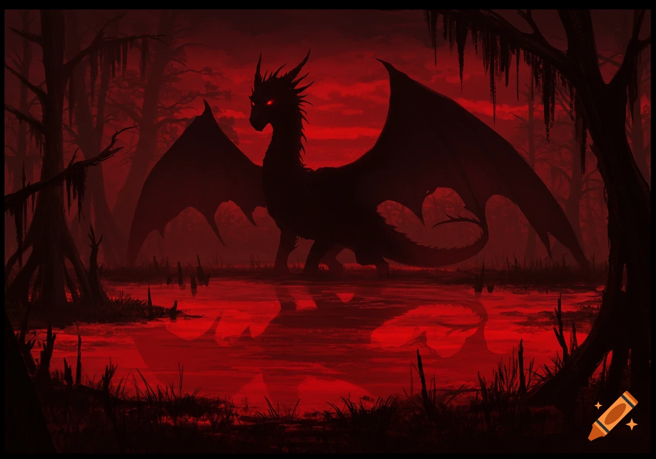 A dark silhouette of a dragon with glowing red eyes stands in a red-hued swamp at night, surrounded by dark, gnarled trees and water with reflections.