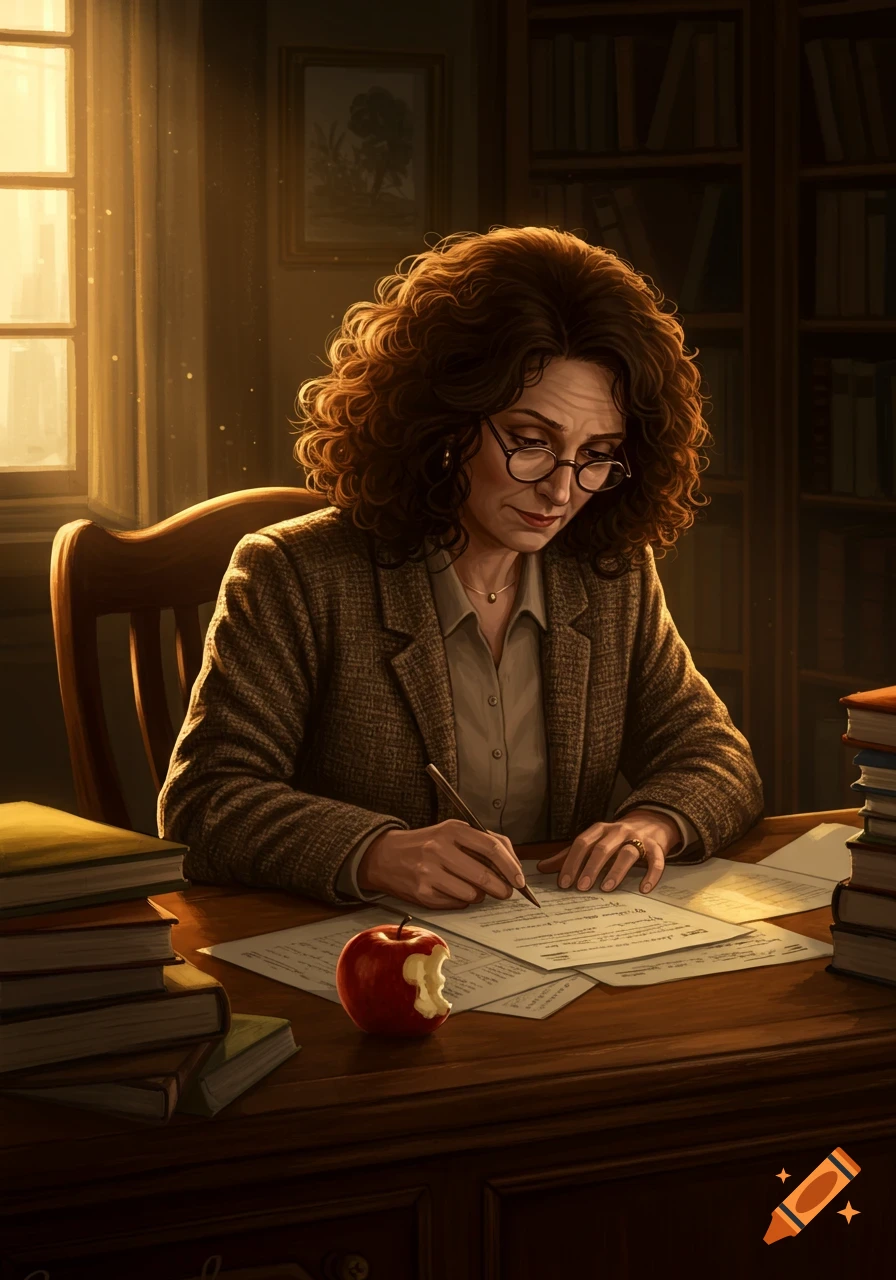 A woman with curly hair and glasses writes at a wooden desk with books and a bitten apple in a sunlit room.
