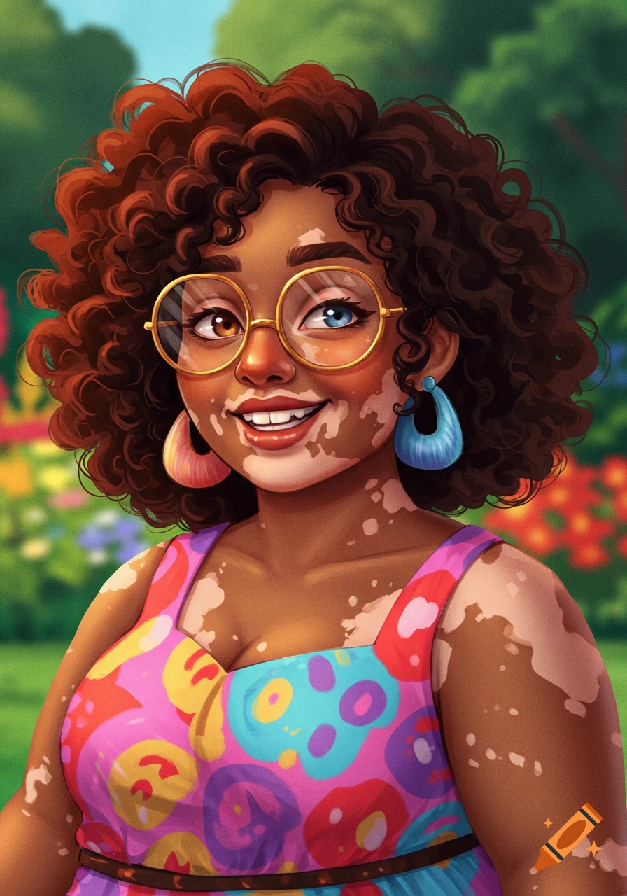 A stylized illustration of a smiling woman with curly brown hair, thick glasses, heterochromia, and vitiligo, wearing a colorful patterned dress in a garden.