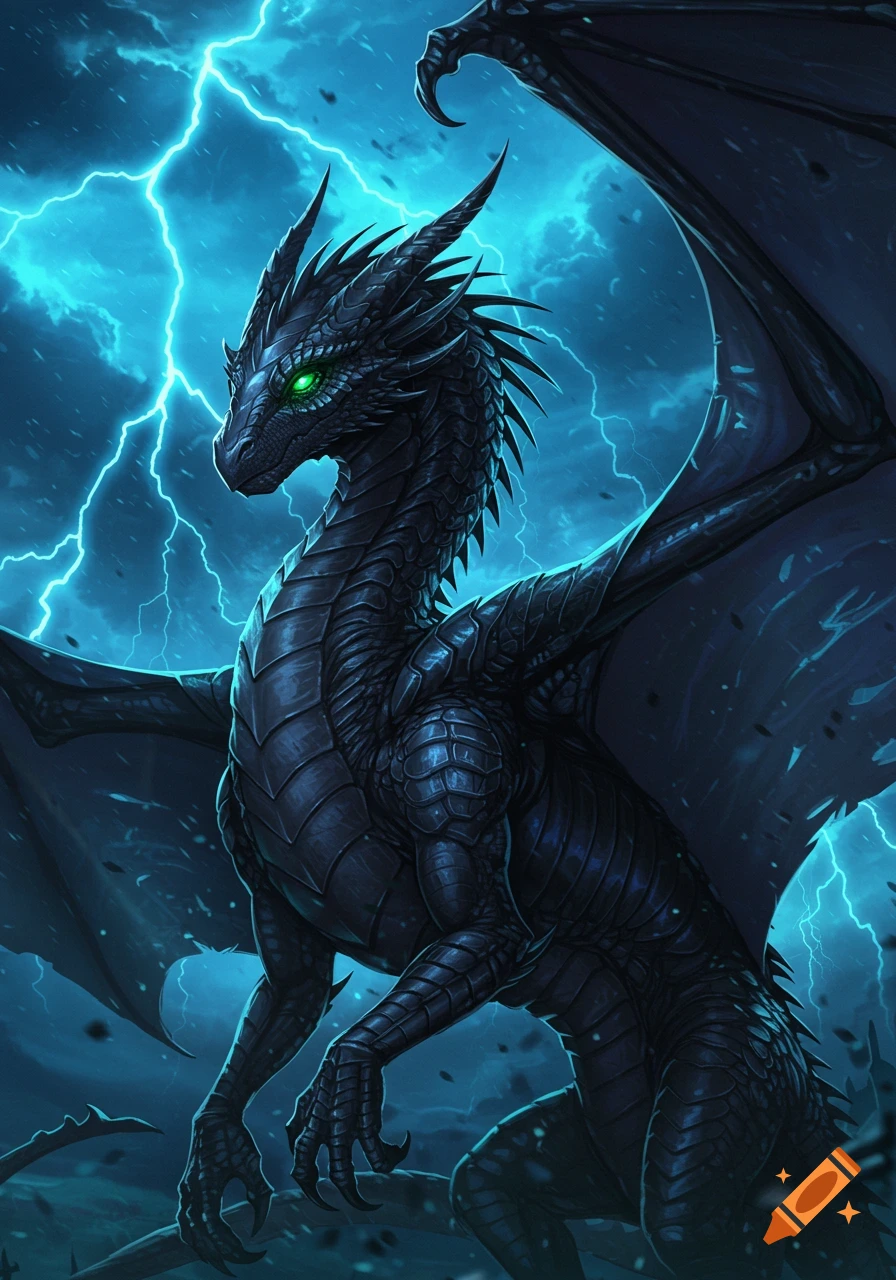A black dragon with glowing green eyes stands against a stormy sky with bright blue lightning bolts.