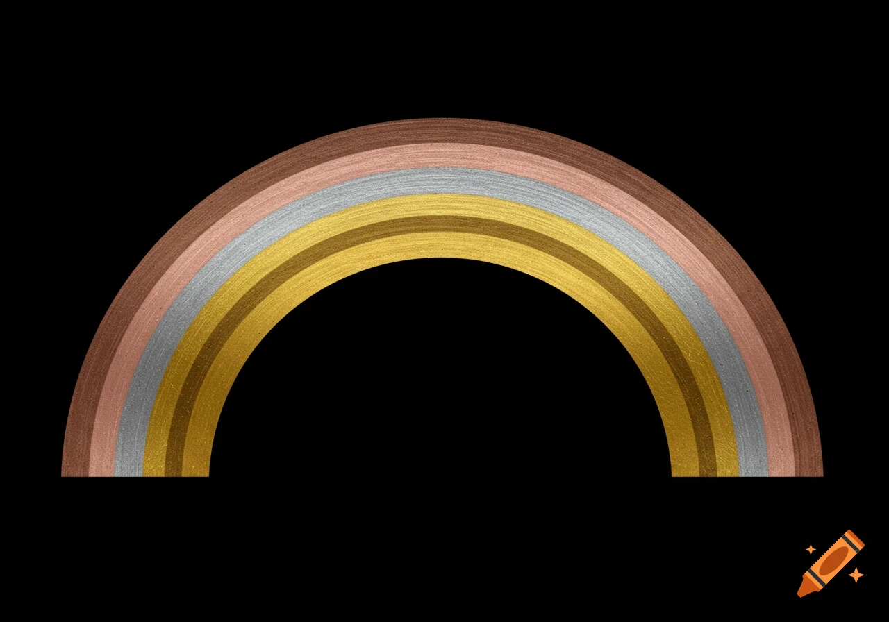 A metallic rainbow with bands of rose gold, silver, dark gold, and bright gold on a black background.