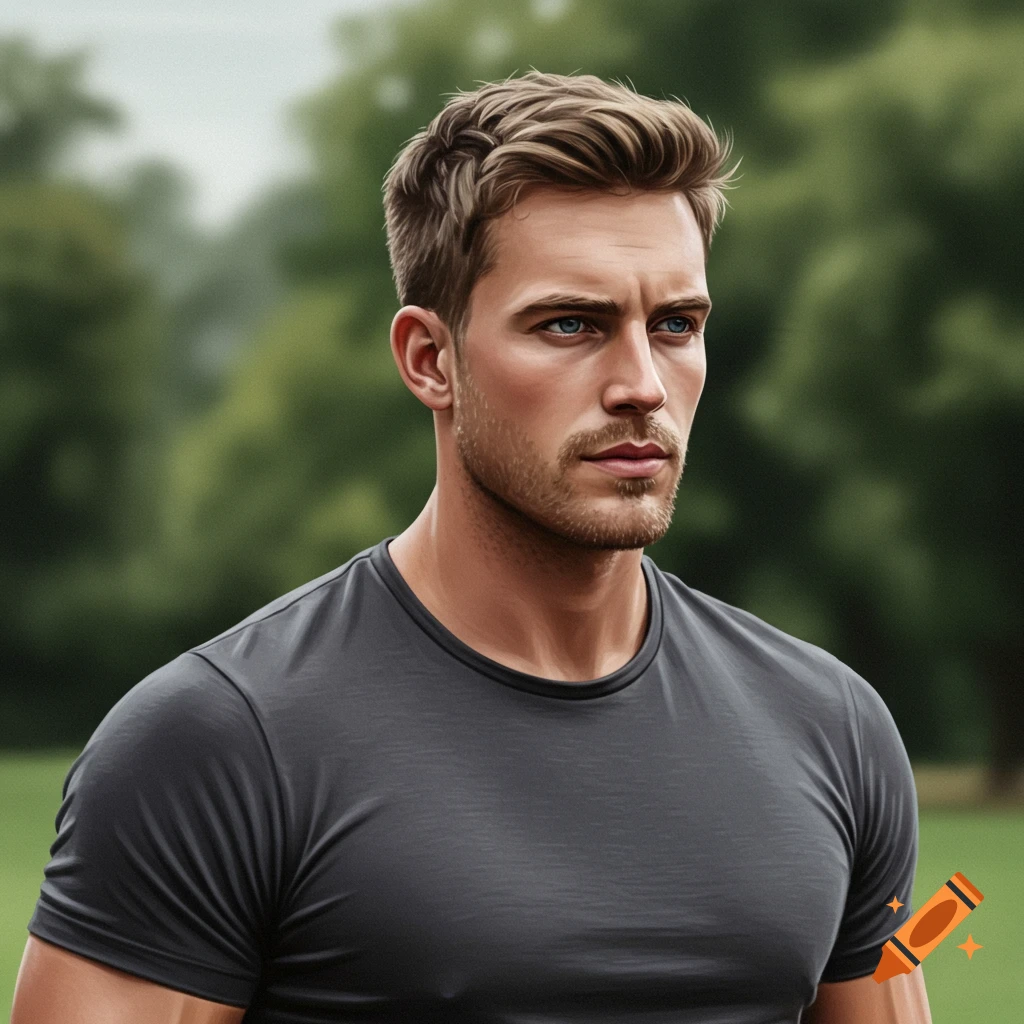 Photorealistic portrait of a handsome man with short brown hair and blue eyes, looking to the side outdoors.