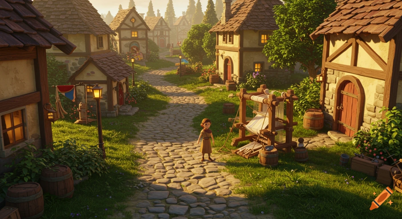 A child stands on a cobbled path in a colorful, stylized fantasy village with houses, trees, and a loom.