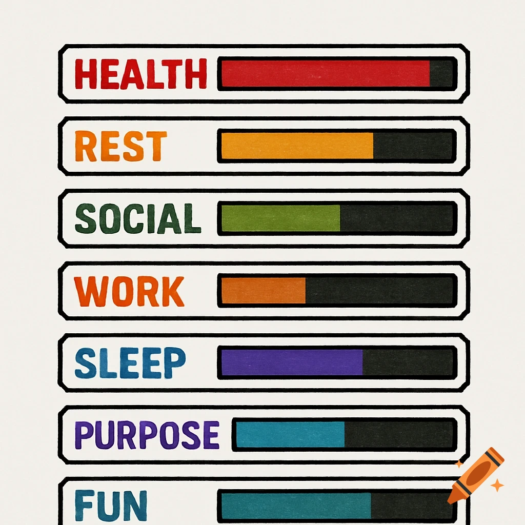 An infographic showing seven colorful horizontal progress bars for health, rest, social, work, sleep, purpose, and fun, styled like a video game HUD.