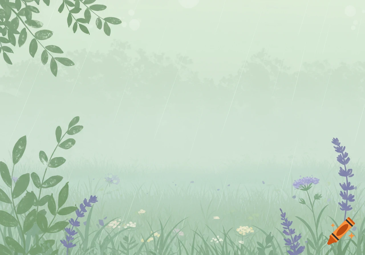 Dreamy, pastel illustration of a misty meadow with soft rain, green leaves, and lavender wildflowers.