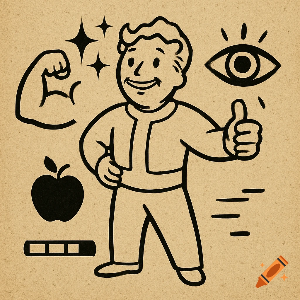 A Vault Boy-style character gives a thumbs up, surrounded by icons for strength, perception, an apple, and a health bar on a brown background.