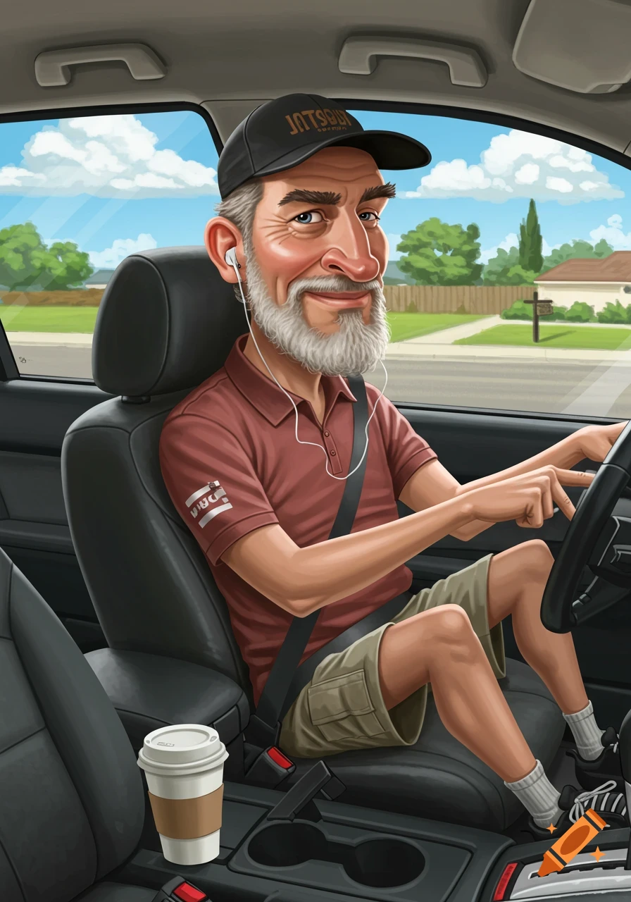 A stylized caricature of a smiling man with a beard and baseball cap, driving a car. He wears earbuds and a seatbelt, with a coffee cup in the console.