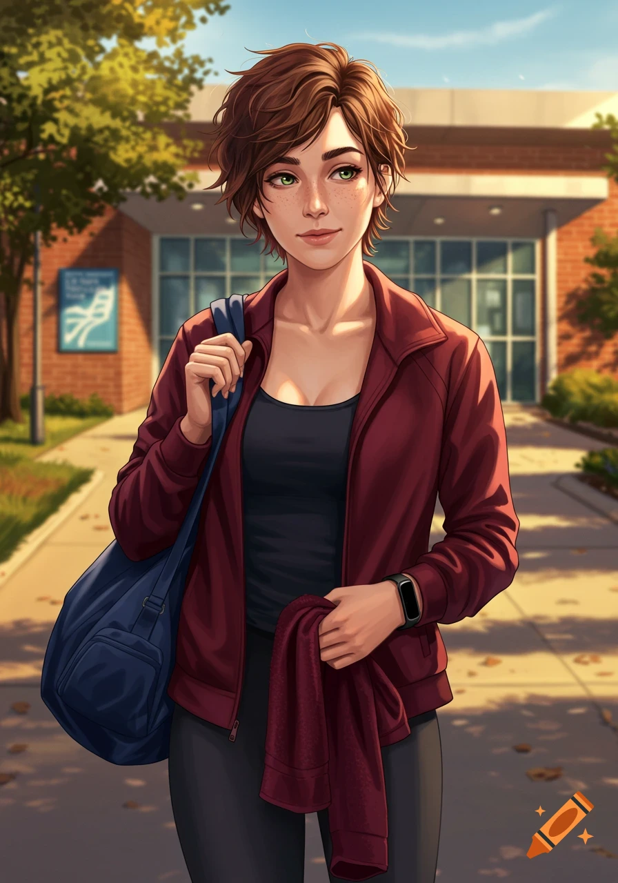 A young woman with short brown hair and a red jacket carrying a swim bag and towel, standing outside an aquatics center in anime style.