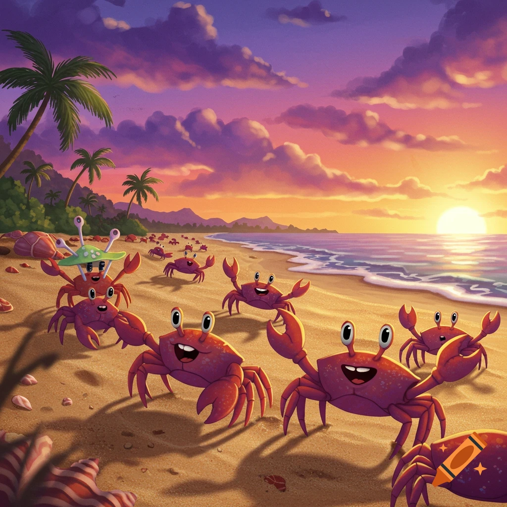 Cartoon crabs walk in a line on a beach at sunset, with one crab wearing a green hat. Illustrated.