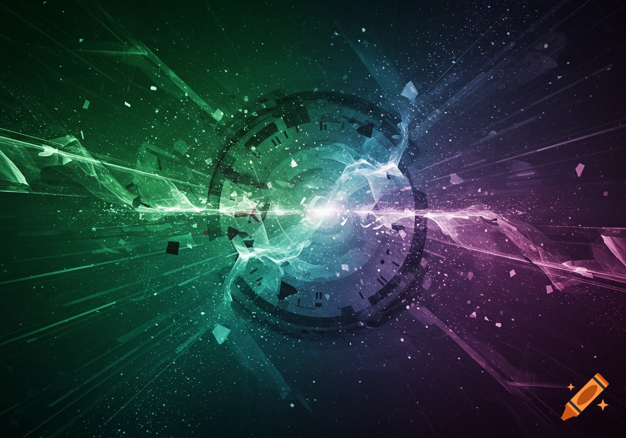 Vibrant abstract explosion of light and particles with green and purple energy emanating from a central white light source.