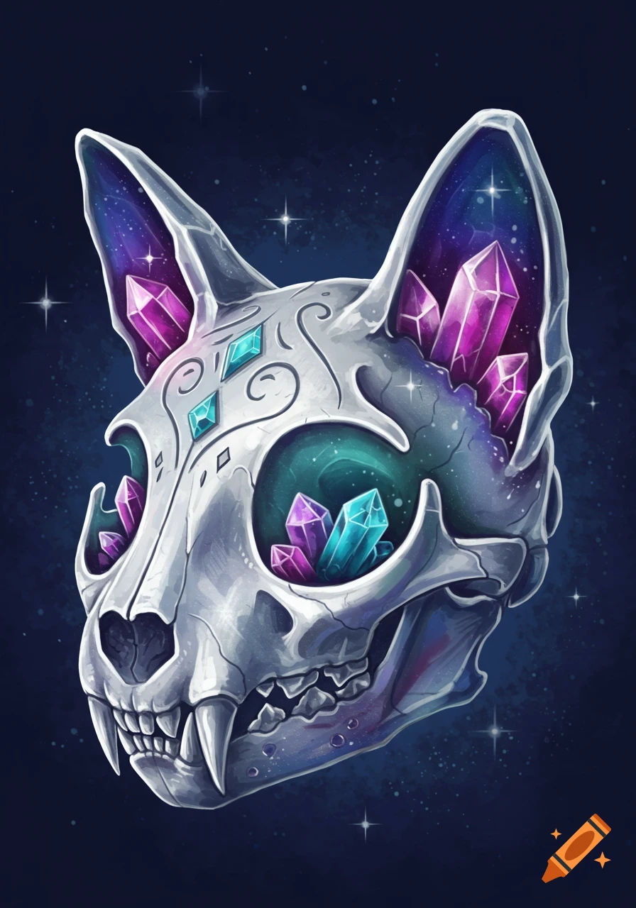 A stylized cat skull filled with vibrant purple and blue crystals, set against a dark starry sky, in a fantastical art style.