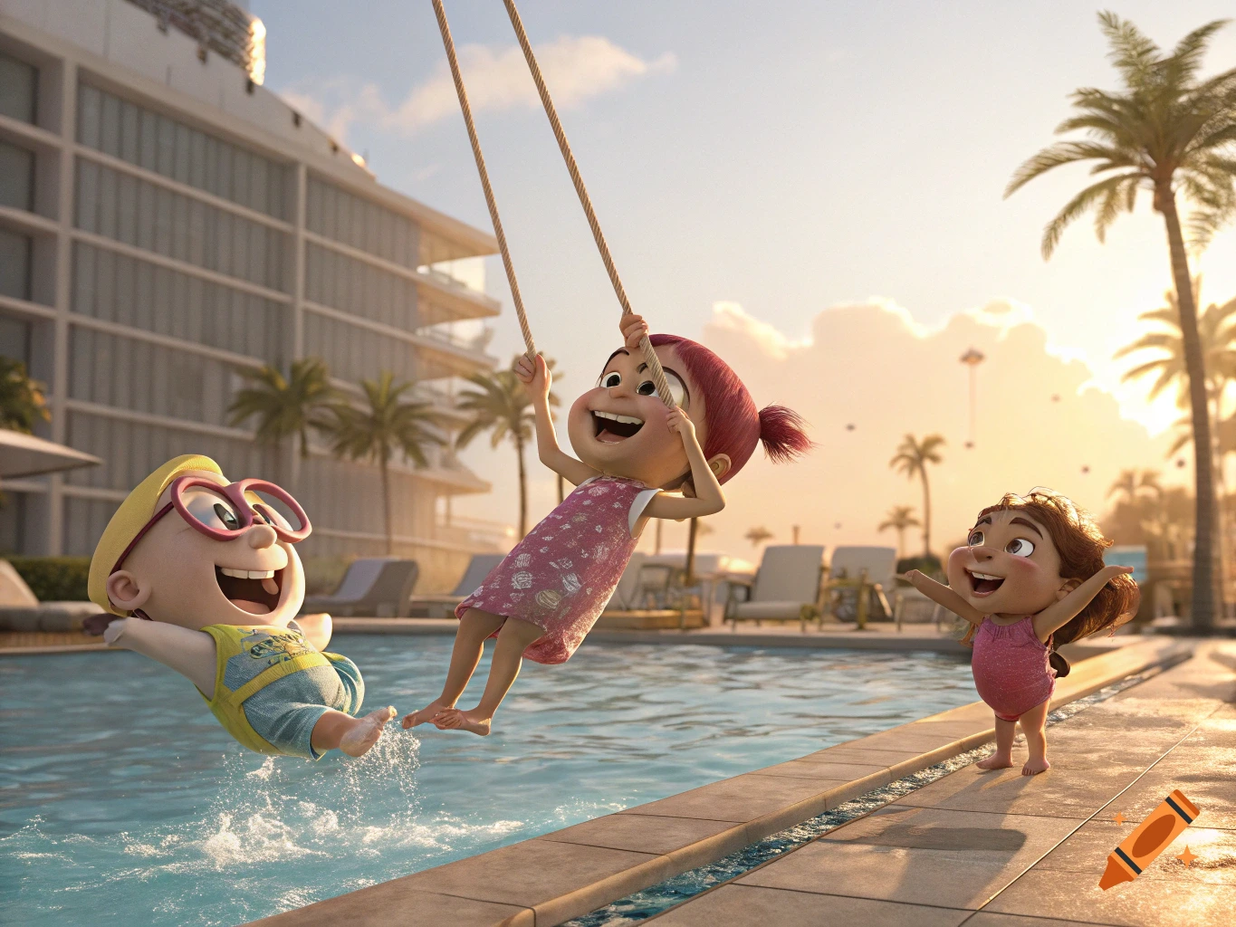 Three cheerful cartoon children play by a swimming pool at sunset. One child is swung by two others, splashing into the water.