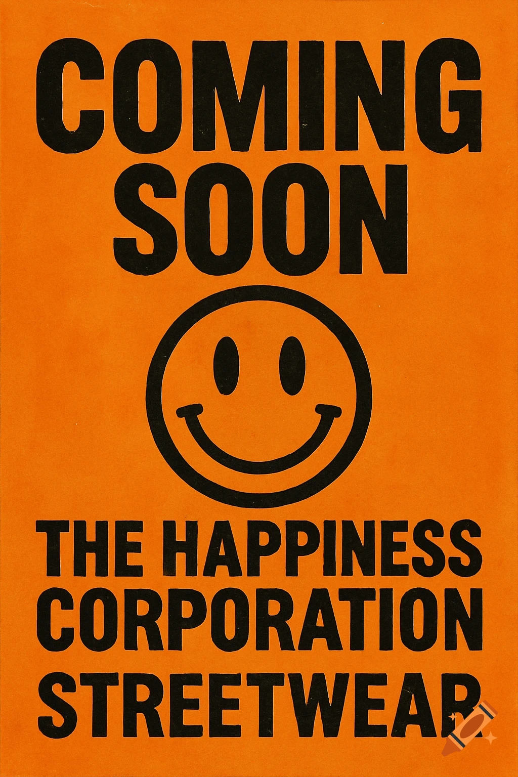 An orange 'Coming Soon' poster with a black smiley face and text 'The Happiness Corporation Streetwear' in a bold, retro style.