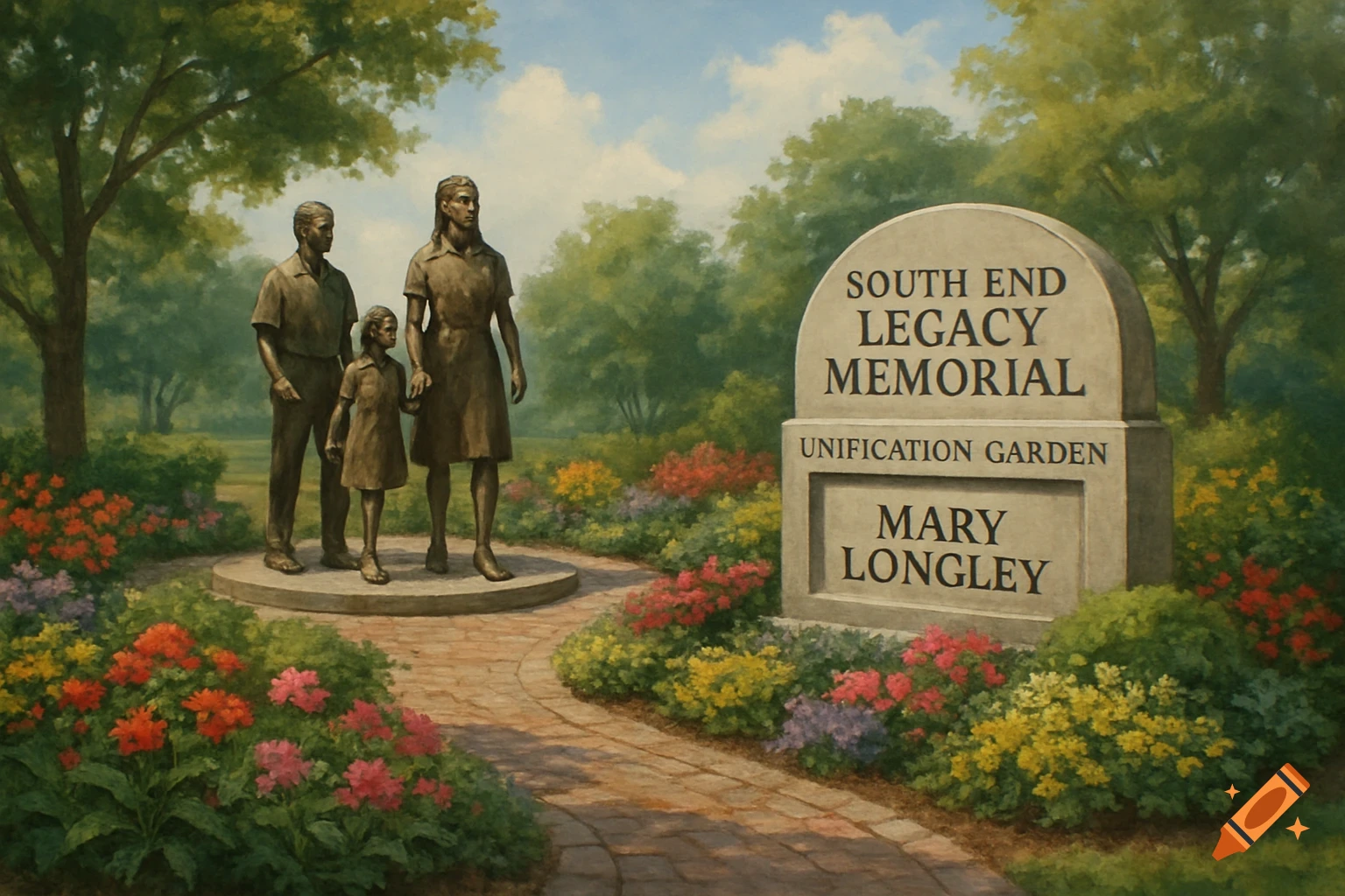 A painting of a stone memorial and three bronze statues (man, woman, child) in a colorful garden. Text reads 'South End Legacy Memorial Unification Garden Mary Longley'.