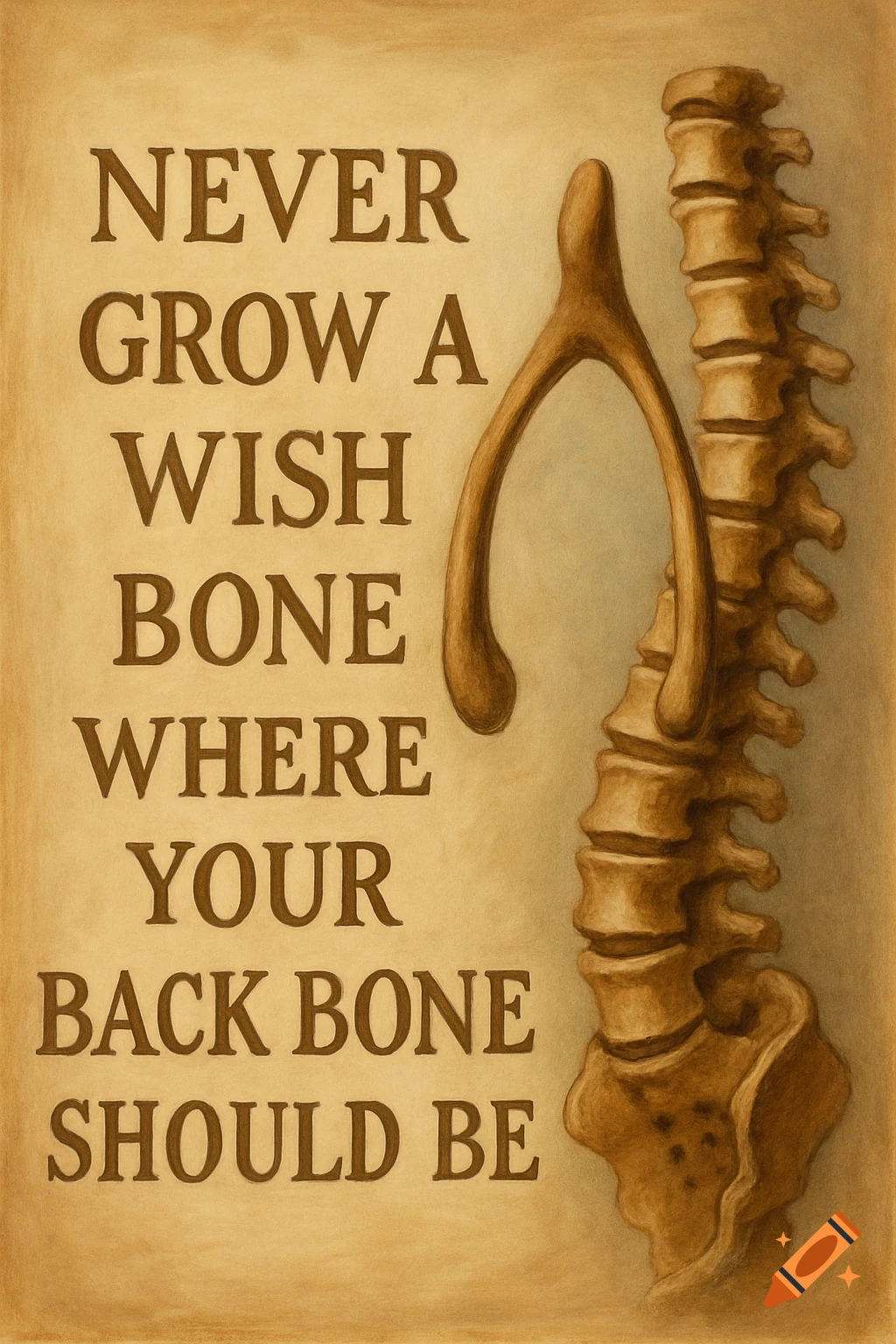 Vintage-style illustration on parchment of a wishbone and a human spine, with the text 'Never grow a wish bone where your back bone should be.'