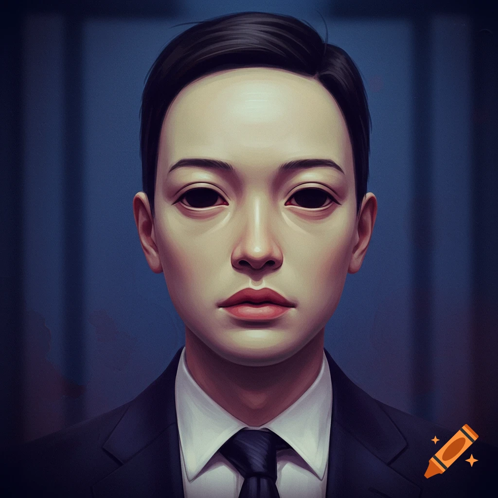 A close-up portrait of a soft-looking Asian man in a suit with unnervingly black, empty eyes, against a dark blue background.