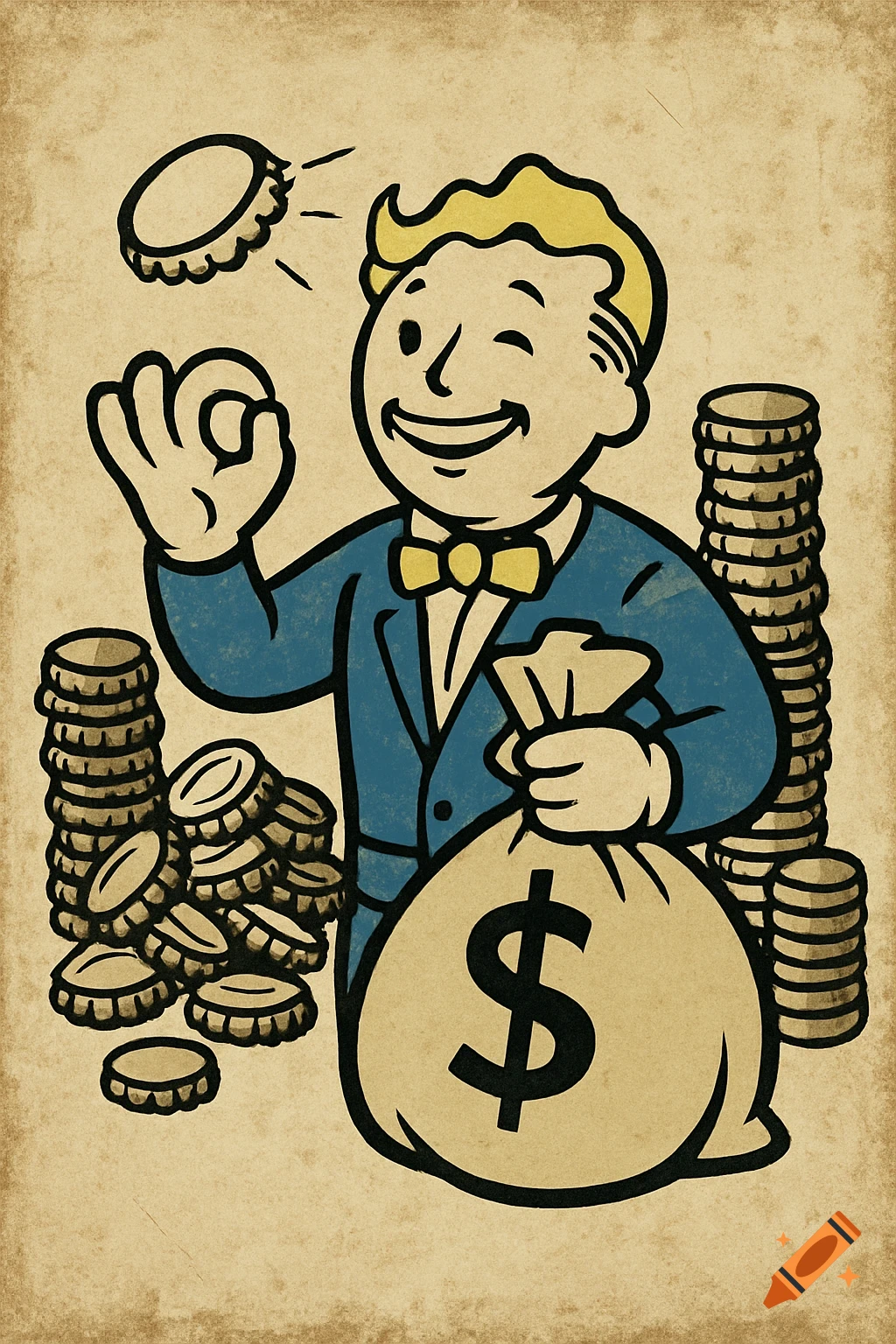 A vintage cartoon Vault Boy-style character winks, holds a money bag, and throws a bottle cap amidst piles of caps and coins.