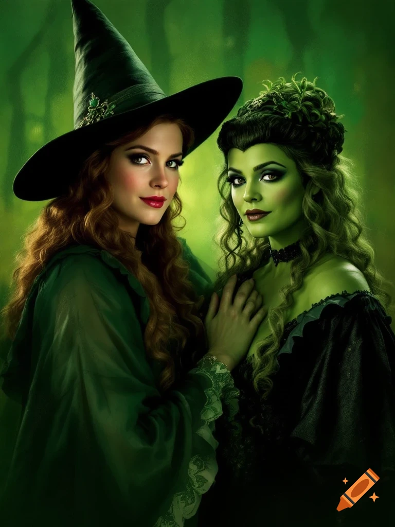 Two women, one in a witch hat with red hair and another with green skin, pose for a photorealistic portrait against a green backdrop.