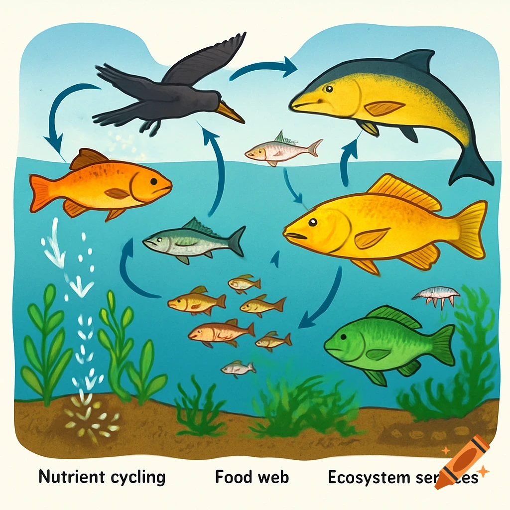 An educational illustration depicting an aquatic ecosystem food web and nutrient cycling, showing fish, a bird, and plants with arrows indicating relationships.