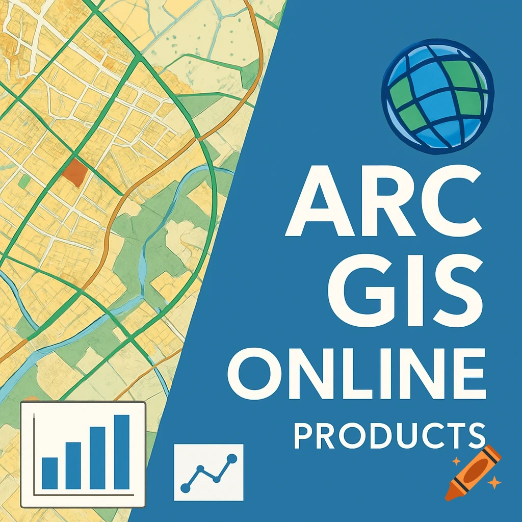 A blue and green earth globe icon with the text 'ARC GIS ONLINE PRODUCTS' on a blue background, overlaying a stylized map, with data visualization icons.