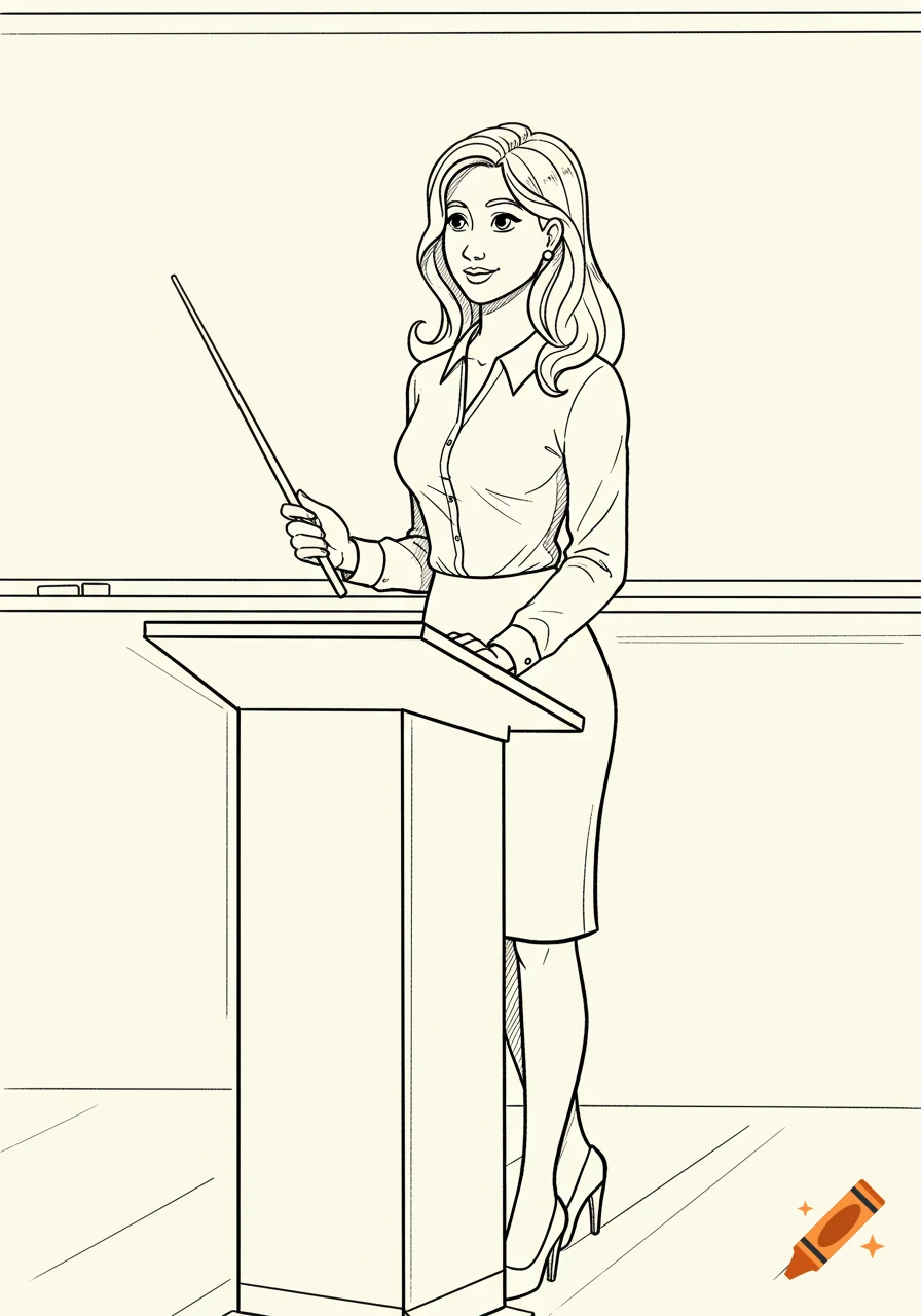 Line drawing of a female teacher standing at a podium, holding a pointer, with a whiteboard in the background.