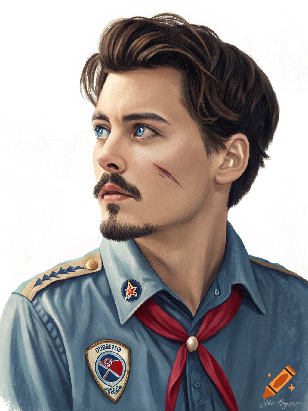 Portrait of a young man with a scar and goatee, wearing a blue scout-like uniform with a red necktie.