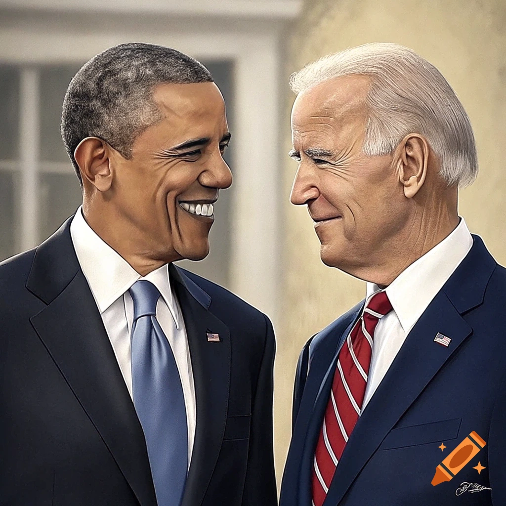 Barack Obama and Joe Biden in suits smiling at each other, in a photorealistic painting style.