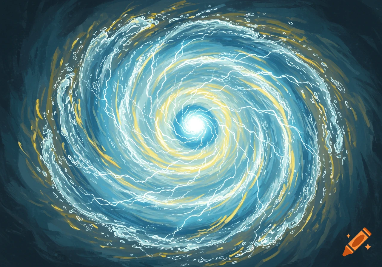 Abstract swirling vortex of blue water and bright white and yellow lightning against a dark background.